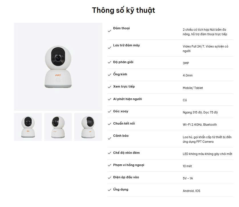thông số camera trong nhà fpt